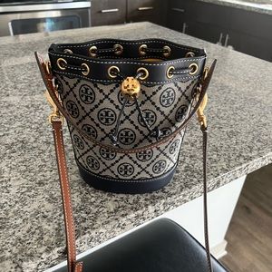 Tory Burch  Navy T Monogram Jacquard Mini Bucket Bag and dust bag.